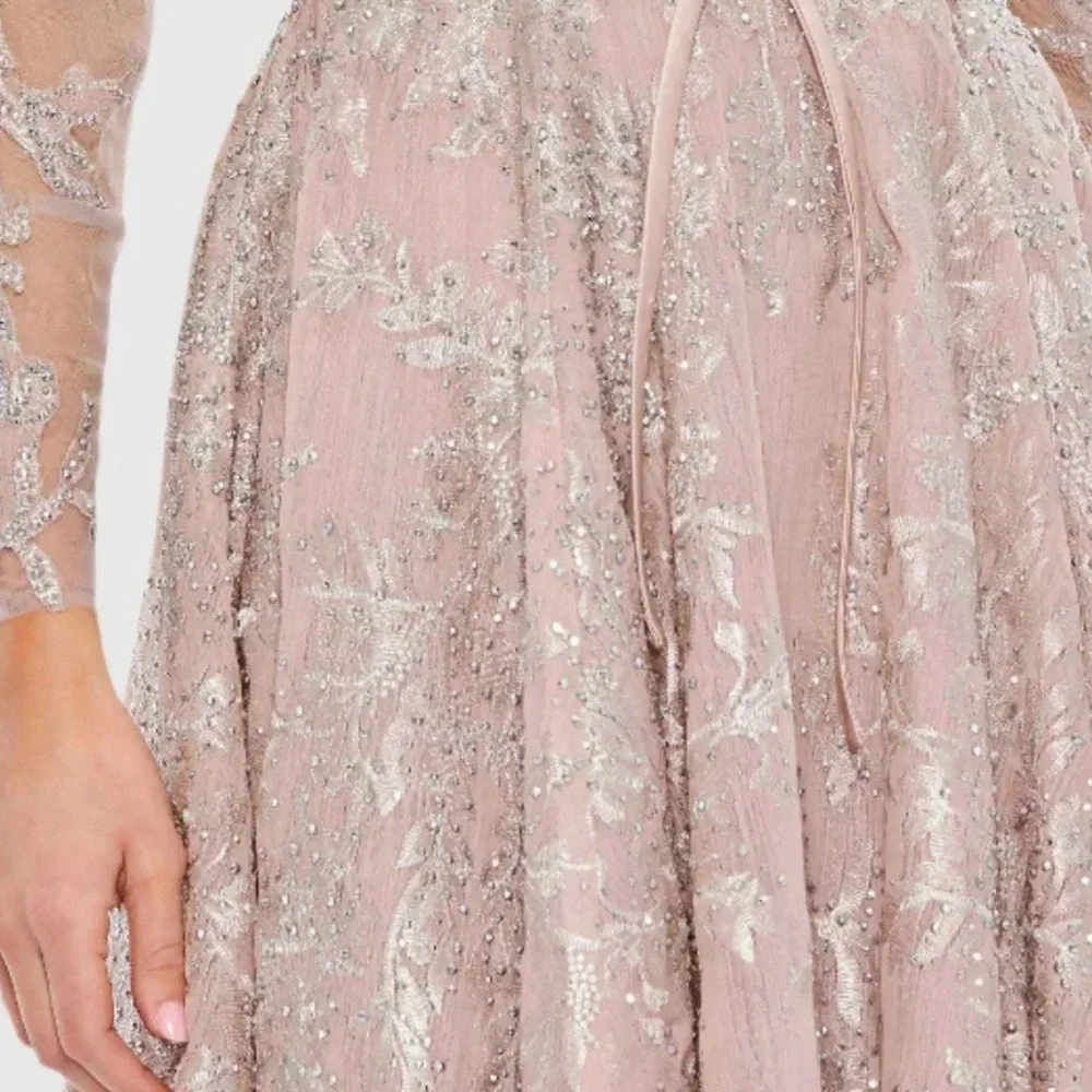 Mac Duggal Size 16 Pink Silver‎ Long Sleeve High Neck A-Line Midi Bow Dress Gown